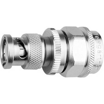 A silver metal BNC plug typically used for coaxial cable connections in telecommunications and video transmission.