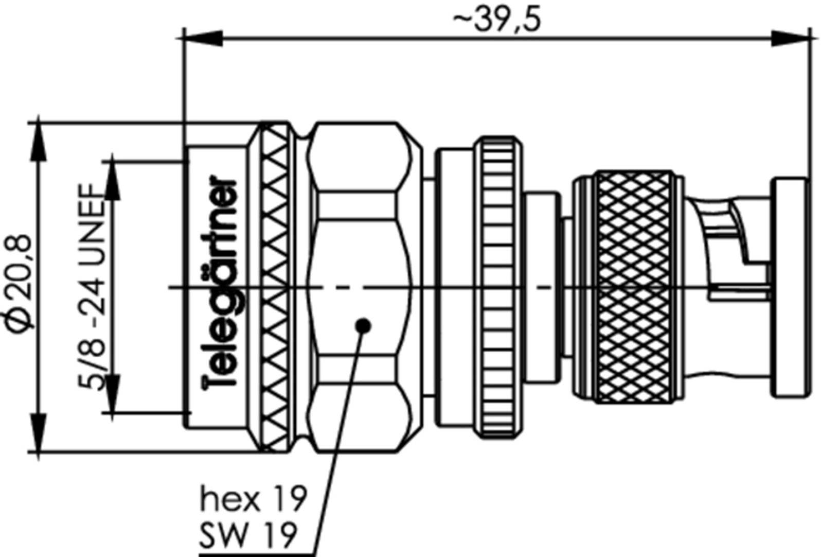 Technical drawing of a connector with dimensions: Length ~39.5 mm, diameter 20.8 mm, thread 5/8-24 UNEF, label 'Telegärtner'.