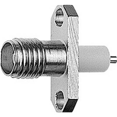 Metallic coaxial plug with thread and square base plate featuring two screw holes, designed for secure electrical connections.