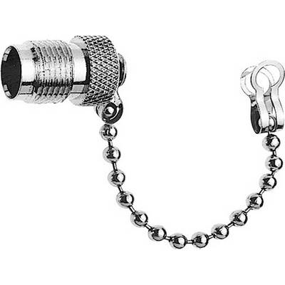 Metal cap with threaded connection and chain, used to protect connections in electronic devices.