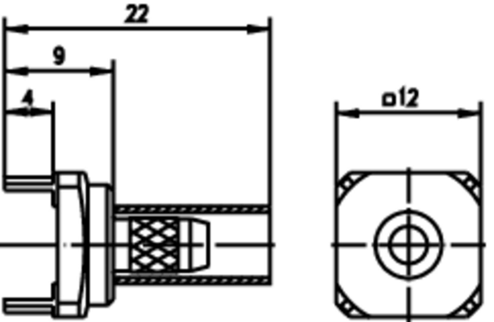 Technical drawing of a connector with dimensions. Overall width 22 mm, height 9 mm, diameter 12 mm. Detailed component representation.