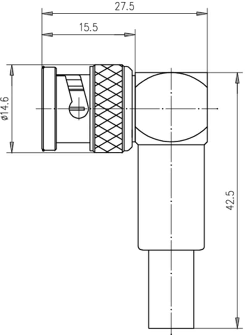 Technical Drawing of a Connector with Dimensions: Length 27.5 mm, Total Height 42.5 mm, Diameter 14.6 mm and Details.