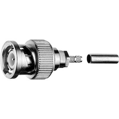 A BNC plug and a section of coaxial cable are presented. The plug has a knurled casing and a metal pin.