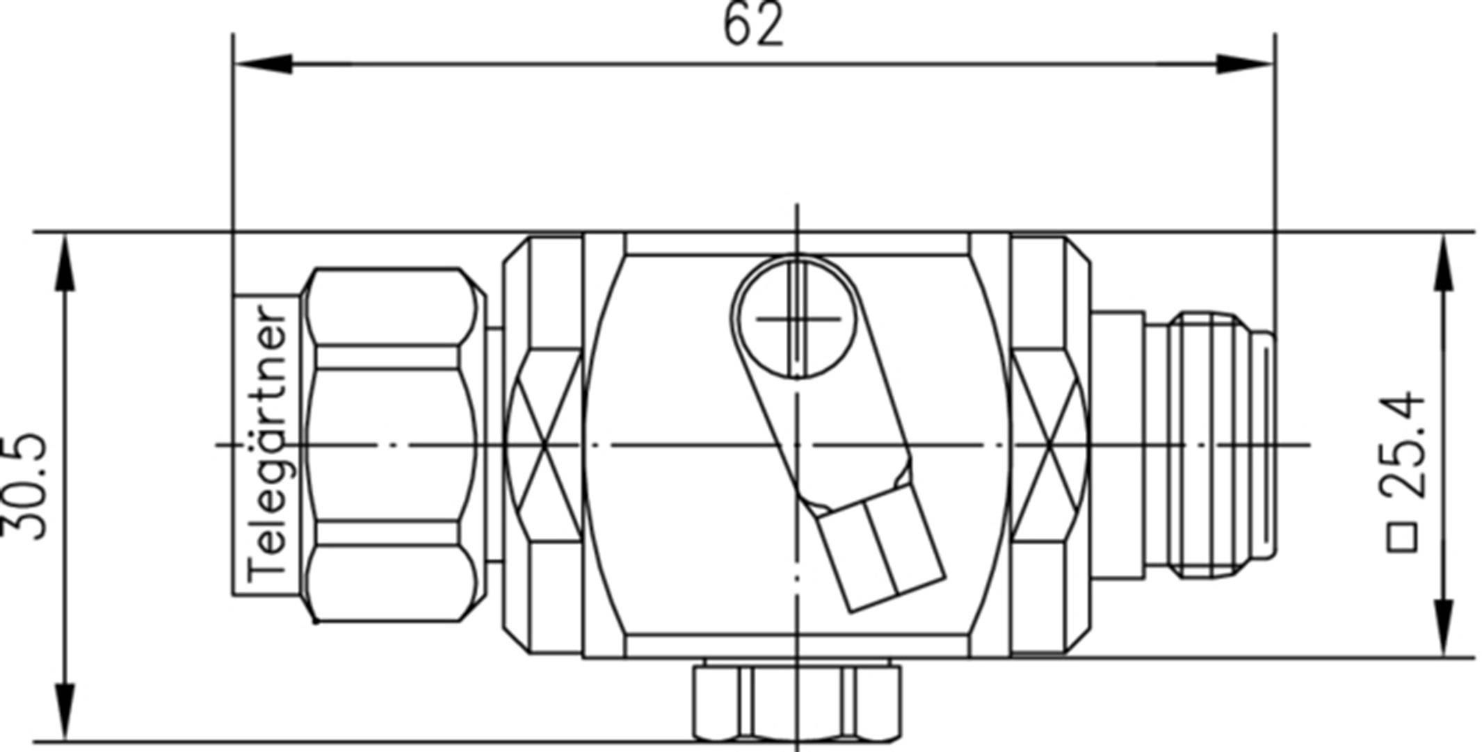 Technical drawing of a connector with dimensions: Length 62 mm, Height 30.5 mm, Width 25.4 mm. Marked with 'Telegärtner'.