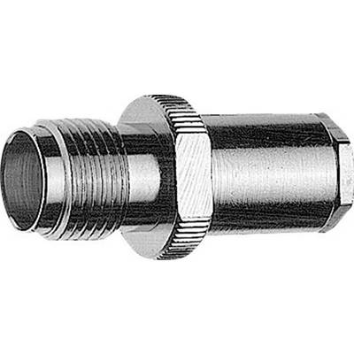 A metallic F-type connector adapter with grooves and a hexagonal nut, used for cable connections in TV or satellite systems.