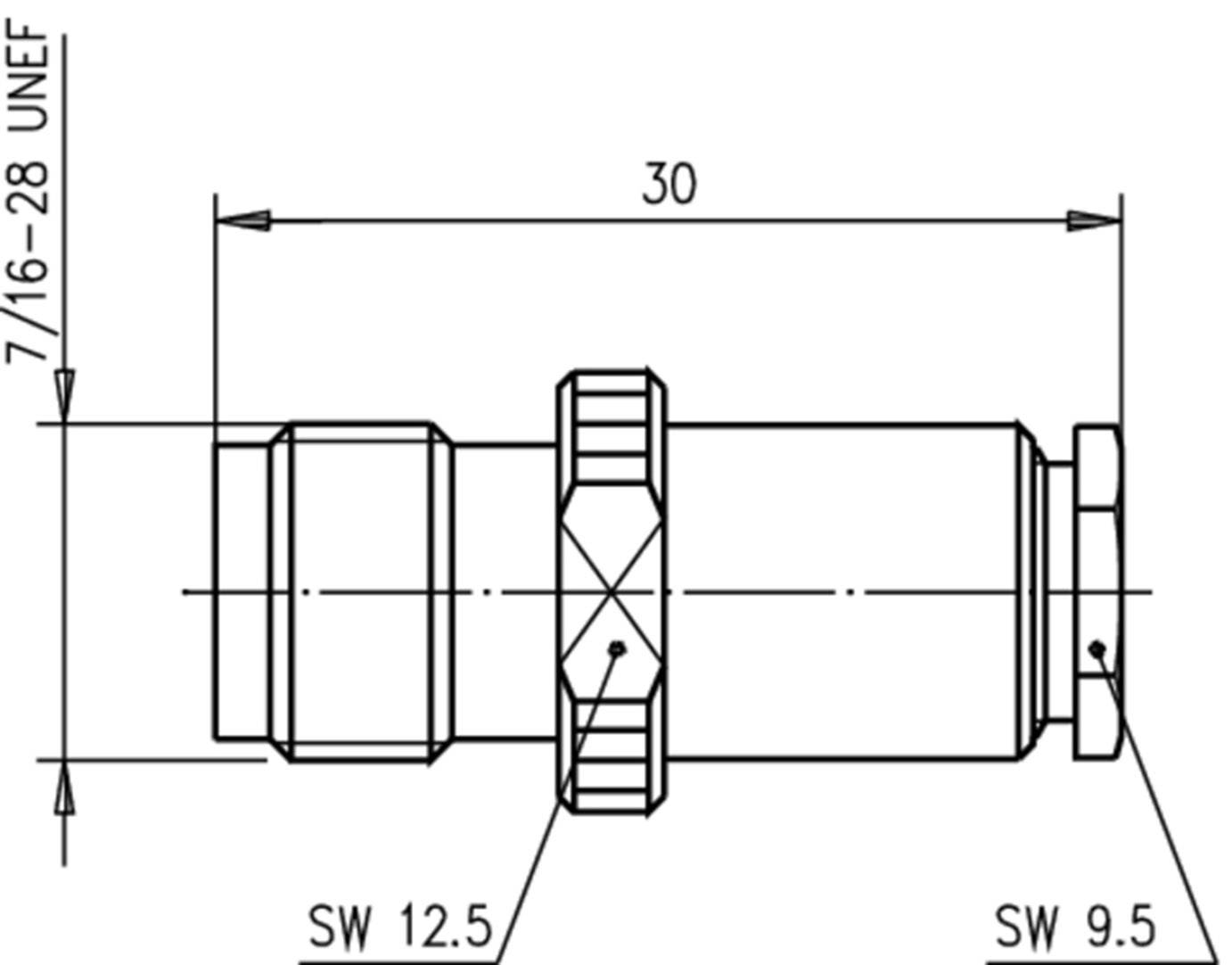 Technical drawing of a cylindrical connecting element with dimensions: Length 30, Diameter 7/16-28 UNEF, Hex width 12.5 and Hex width 9.5.