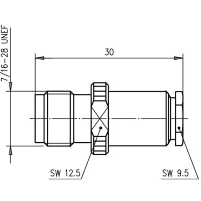 Technical drawing of a cylindrical connecting element with dimensions: Length 30, Diameter 7/16-28 UNEF, Hex width 12.5 and Hex width 9.5.