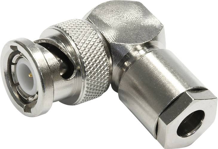 A metal BNC plug in an L-shape shows the coaxial connection side. The plug has a knurled element for improved grip.