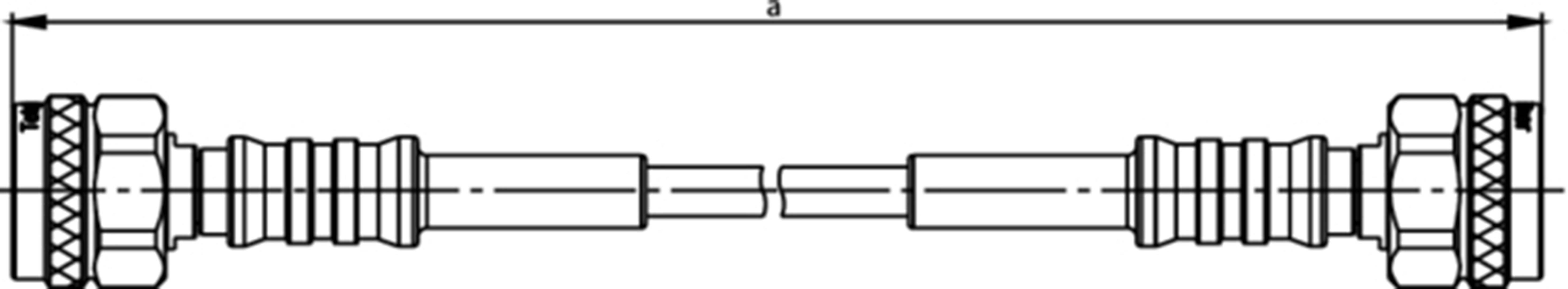 Technical drawing of a coaxial connector with two ribbed end pieces and a central pin, scale 1:1.