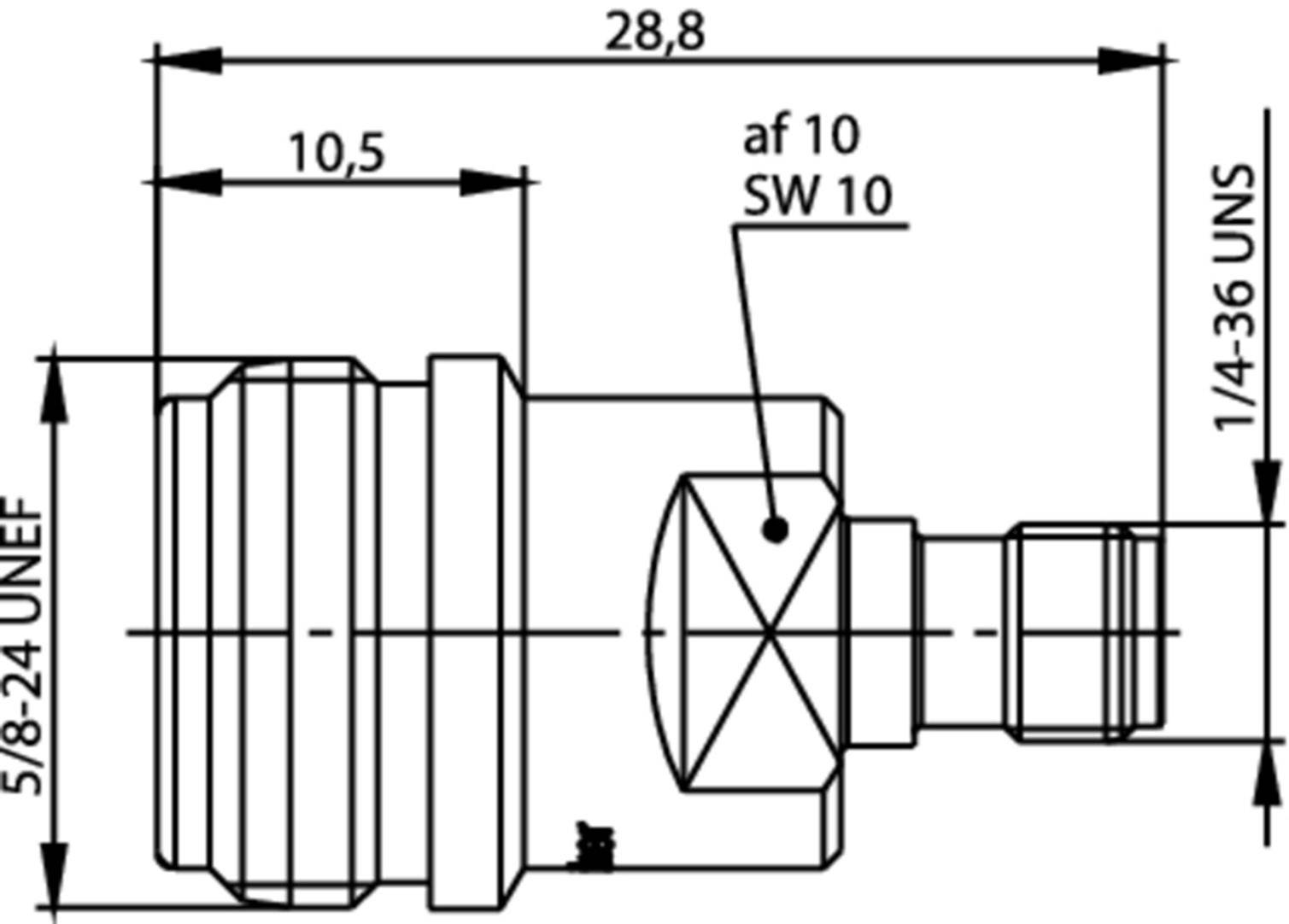 Technical drawing of an adapter with length and thread dimensions, including thread standards 5/8-24 UNEF and 1/4-36 UNS.