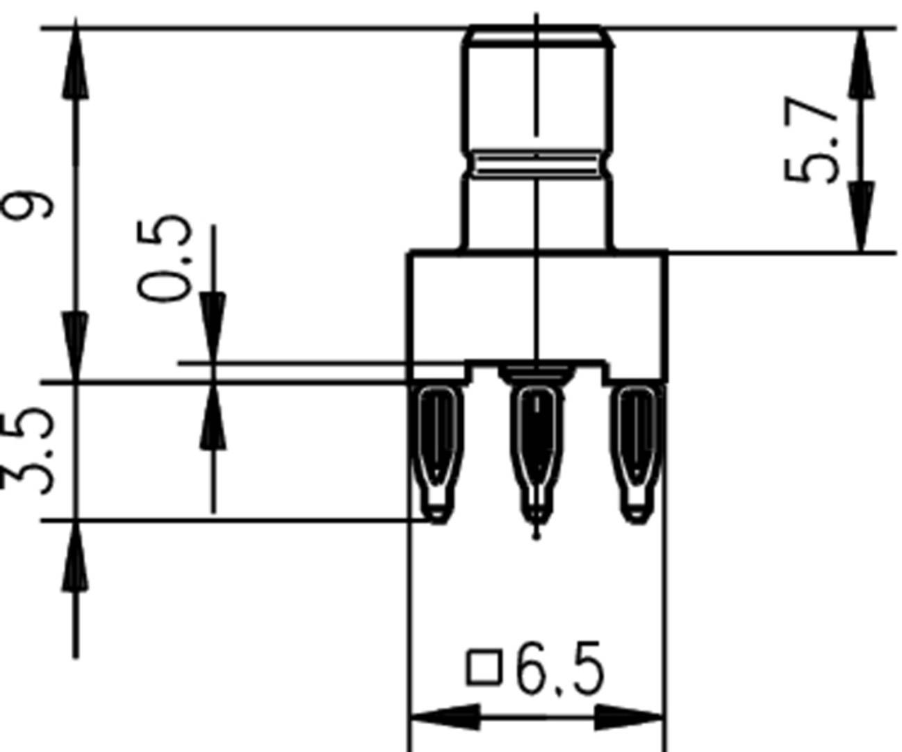 Technical drawing of a cylindrical component with specific dimensional specifications. Dimensions: height 9 mm, width 6.5 mm, other dimensions as indicated.