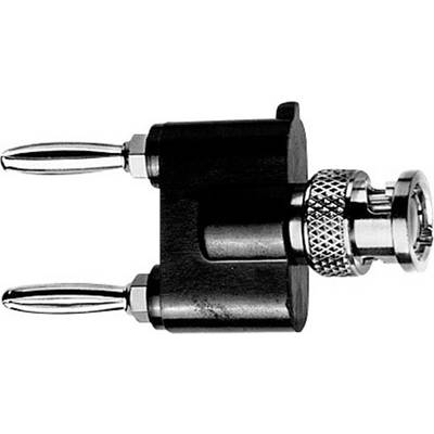 An adapter with two banana plugs and a coaxial BNC connector, used for connecting electronic devices.