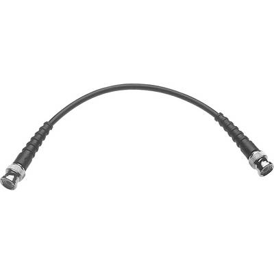 A black coaxial cable with two silver-coloured connectors at the ends, slightly curved.