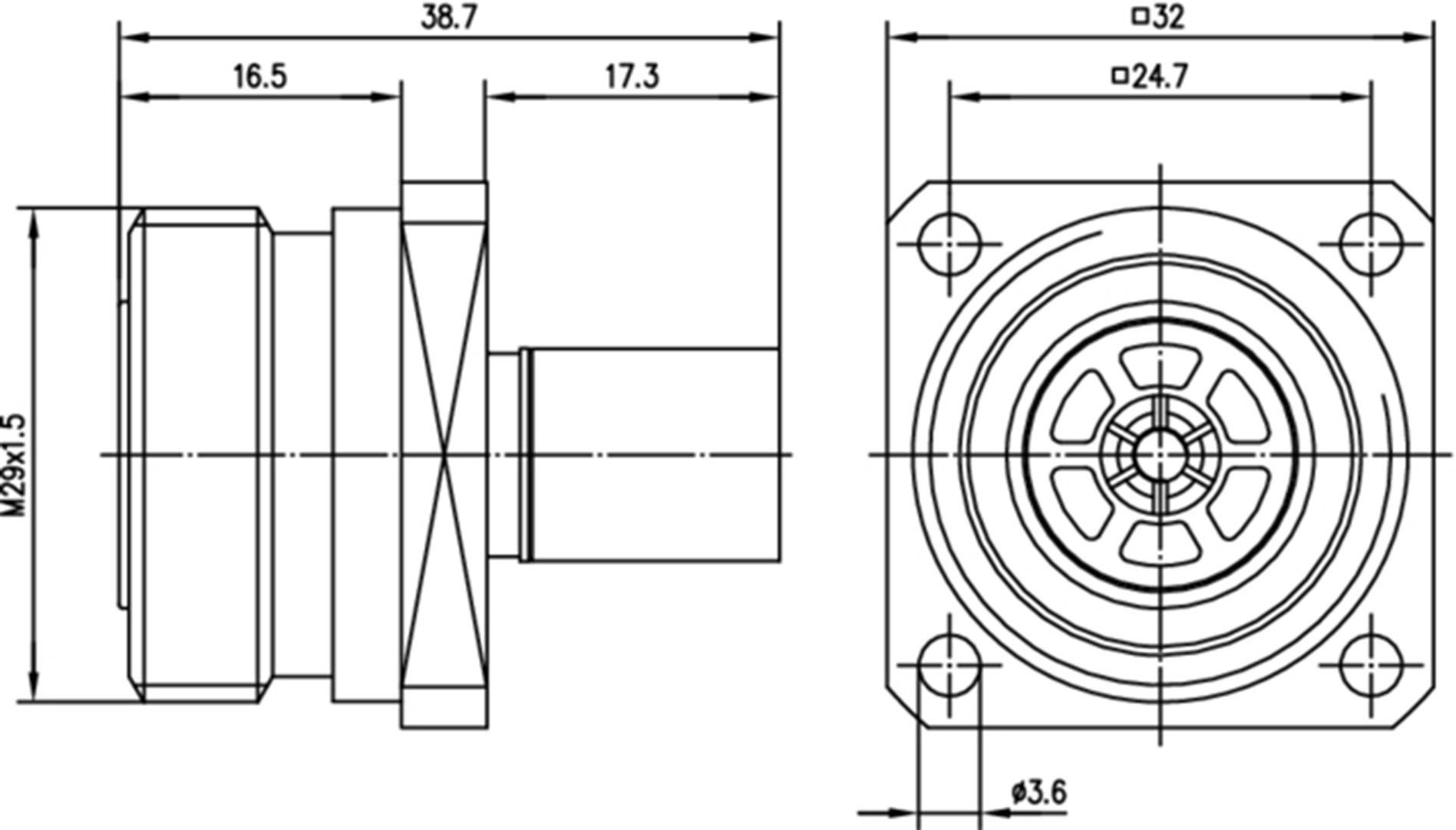 Technical drawing of a mechanical assembly with front and side views. Dimensions and diameters are detailed.