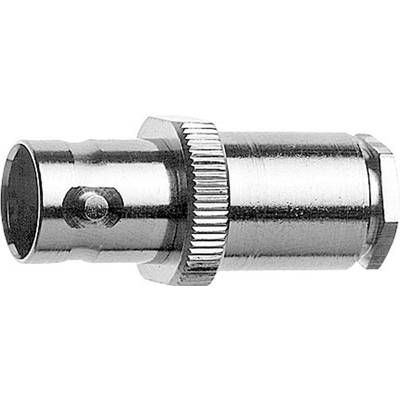 A metal BNC plug for connecting coaxial cables in electronic devices.