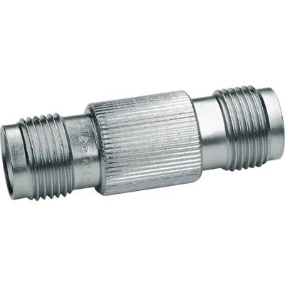Metal adapter with a ridged surface for connecting two hoses or pipes, showing external threads at both ends.