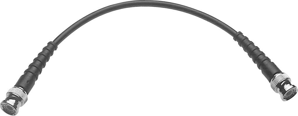 A black coaxial cable with BNC connectors at both ends, used for connecting electronic devices.