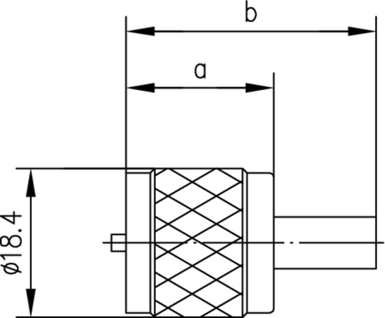 Technical drawing of a cylindrical component with knurled surface. Dimensions: diameter 18.4, length a, width b.