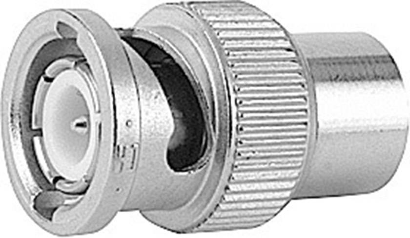 Close-up of a BNC connector commonly used in electronic device connections, with a ribbed grip and metal casing.