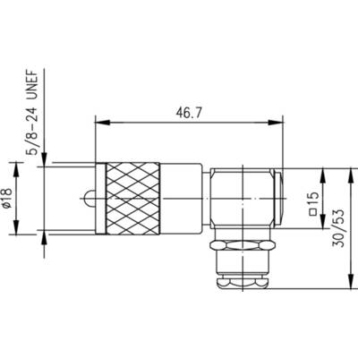 Technical drawing of a coupling piece with dimensions: 46.7 mm (length), 18 mm (diameter), 5/8-24 UNEF thread.