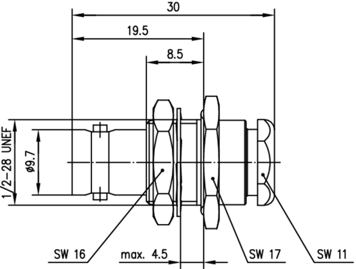 Technical drawing of a cylindrical component with thread. Dimensions and key widths are specified, e.g., length 30 mm, diameter 9.7 mm.