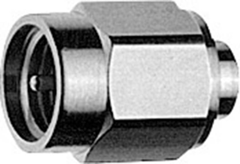 Metallic coaxial plug, cylindrical in shape, primarily used for cable connections, silver surface.