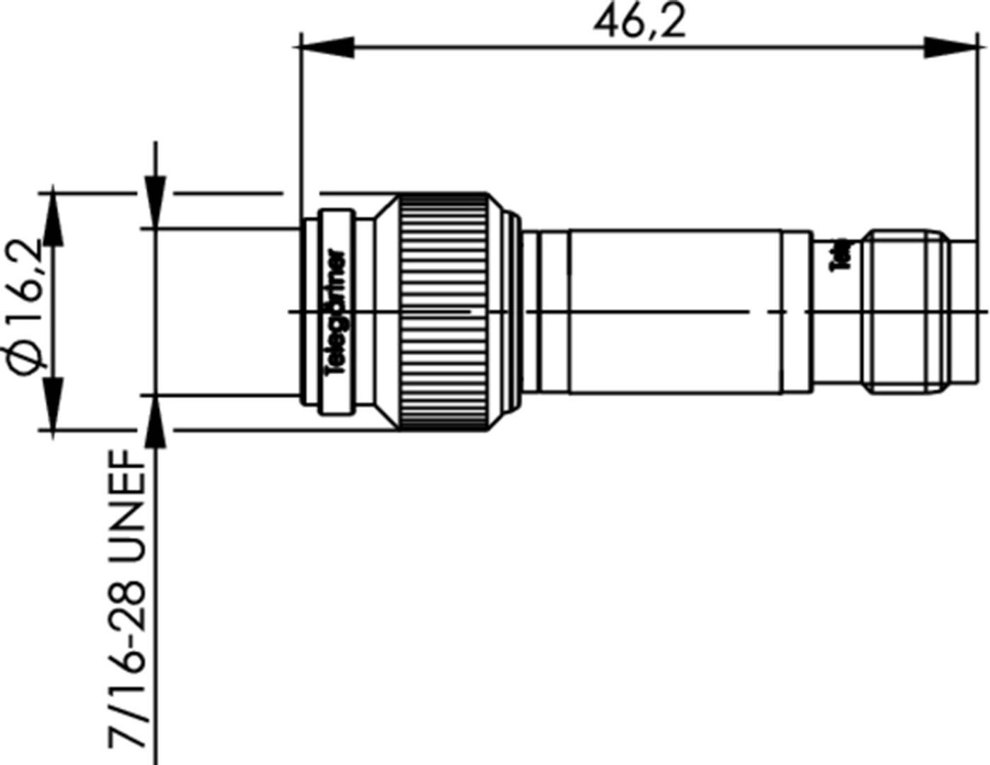 Technical drawing of a connector with dimensions: Length 46.2 mm, diameter 16.2 mm. Thread size 7/16-28 UNEF.