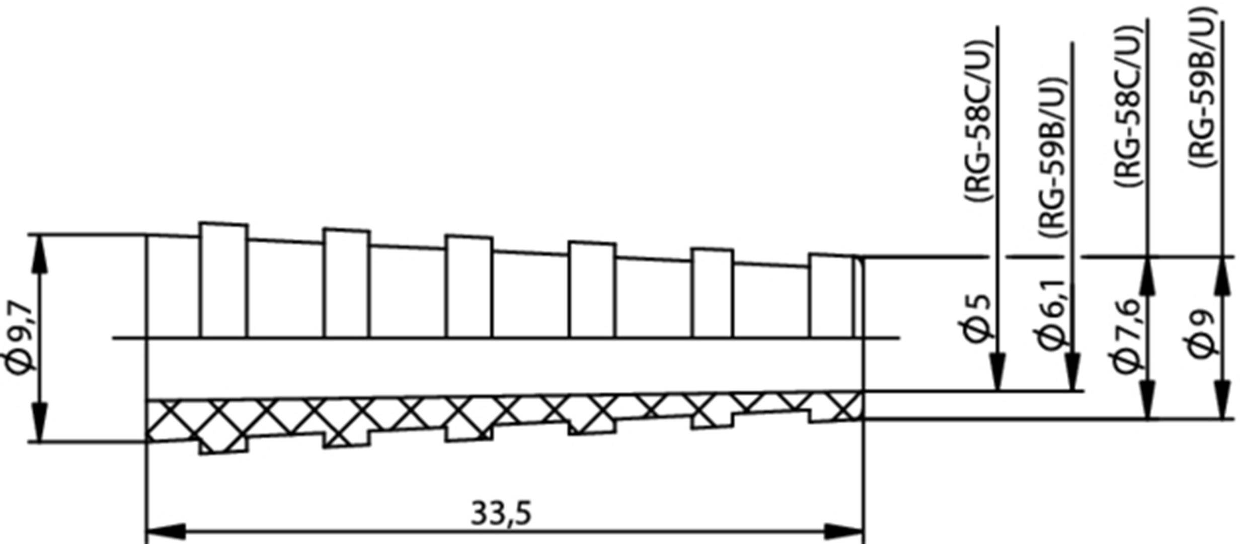 Technical drawing design of a coaxial end cap with various cable diameters and dimensions in millimetres.