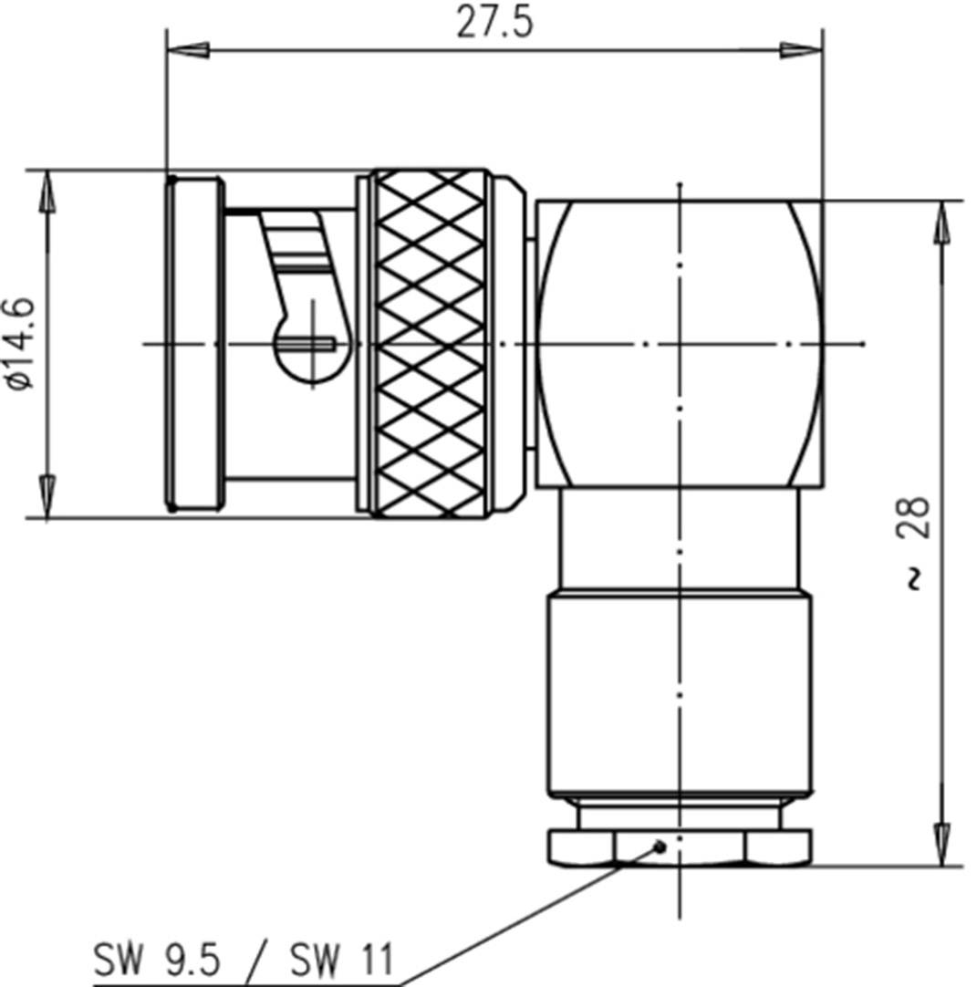 Technical Drawing of an Angle Connector with Dimensions: 27.5 mm length, 14.6 mm diameter at top, 28 mm height. Hatched texture.