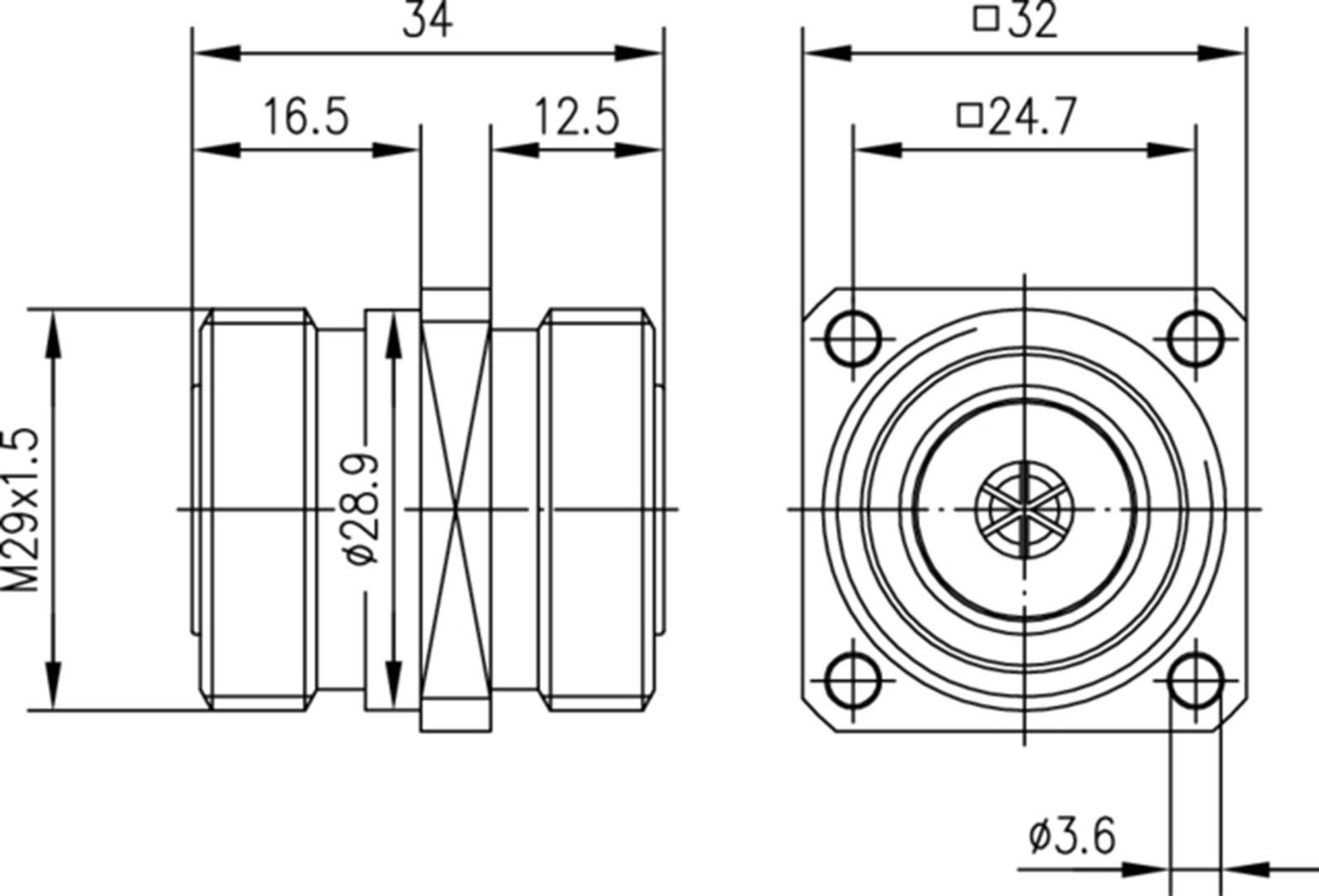 Technical drawing of a cylindrical component with dimensions and thread specifications, showing front and cross-sectional views.