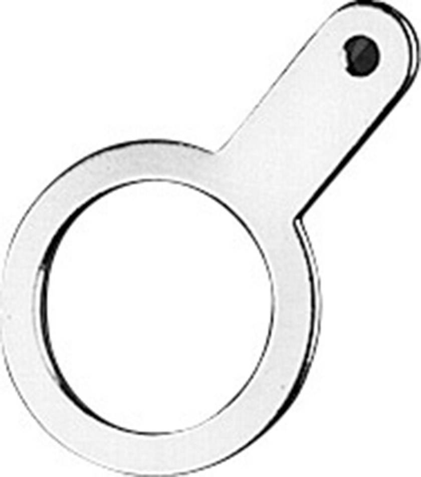 Round ring with a short straight handle and a hole at the end, likely a key fob or label holder, entirely in a metallic finish.