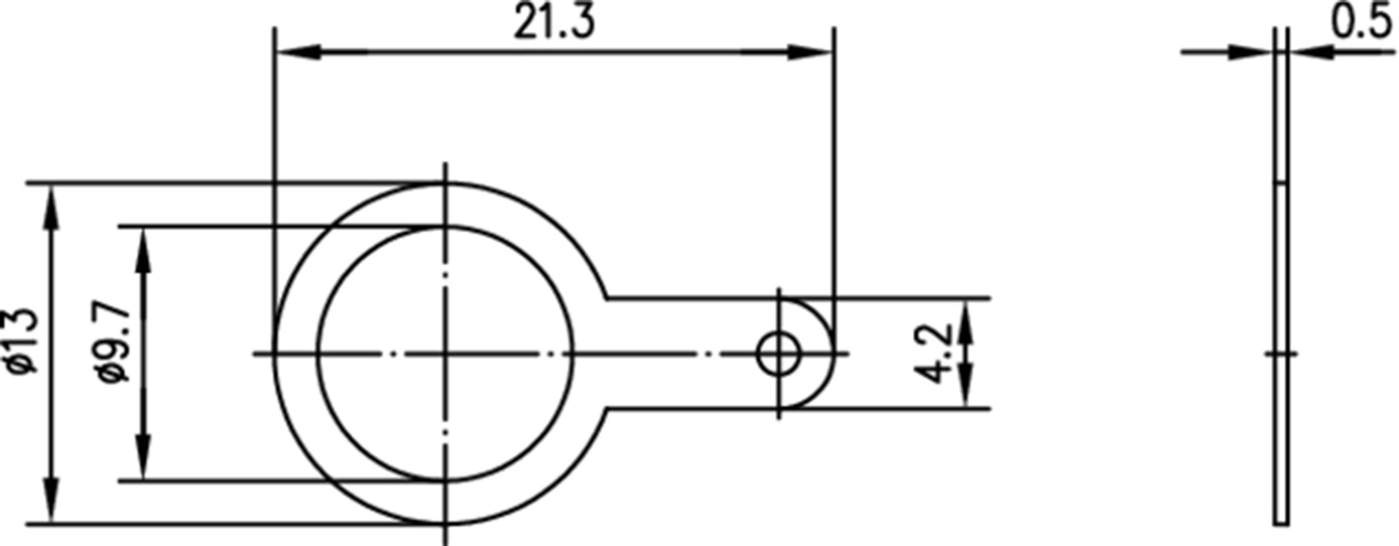 Technical drawing of a ring with an outer diameter of 21.3 mm and an inner diameter of 13 mm. Side view shows a thickness of 0.5 mm.