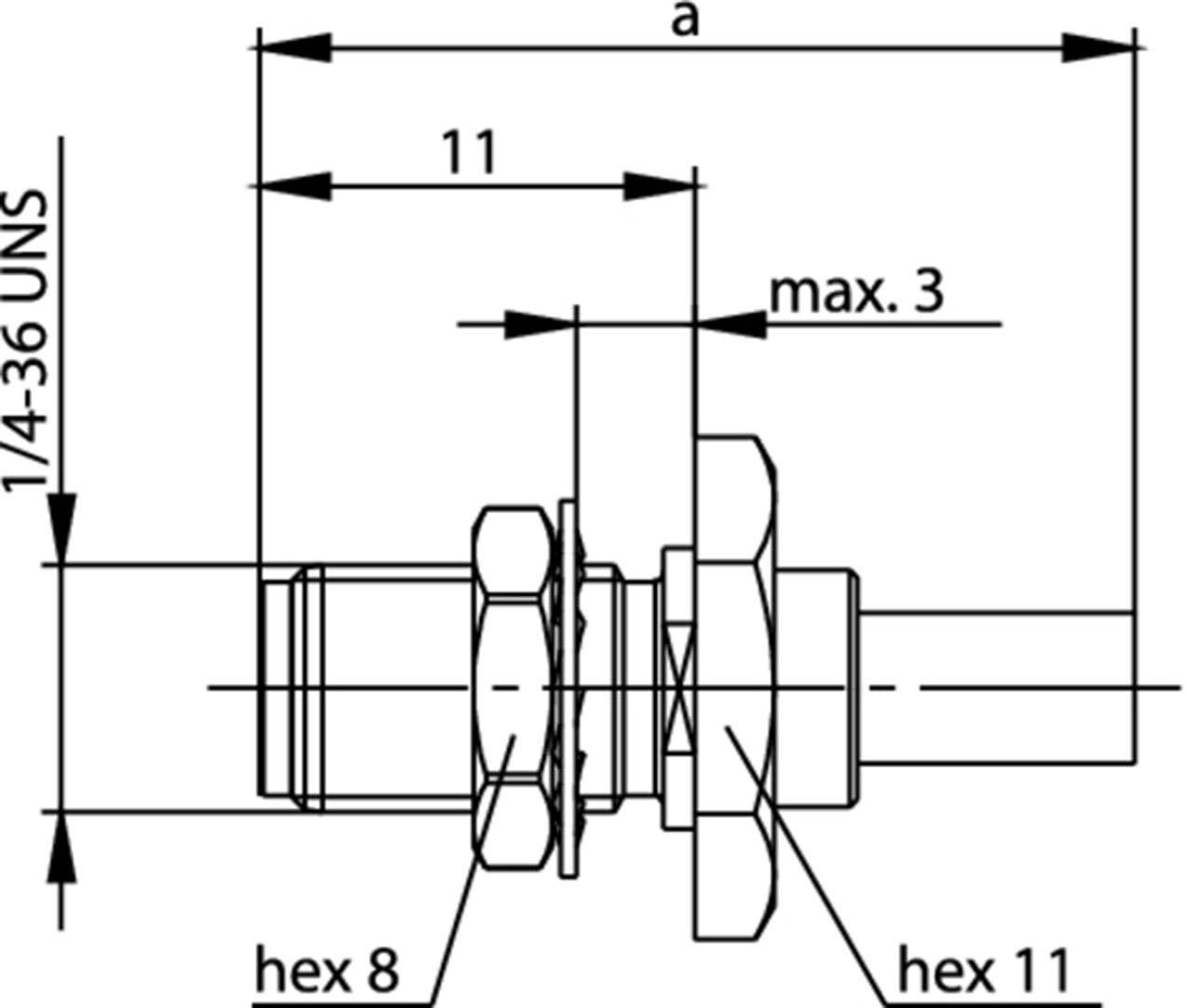 Technical drawing of a connection element with dimensions: '1/4-36 UNS', 'max. 3', 'hex 8', 'hex 11'.