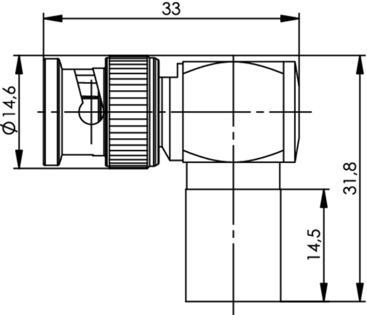 Technical drawing of an L-shaped component with dimensions: 33 mm and 31.8 mm length, 14.6 mm and 14.5 mm diameter.