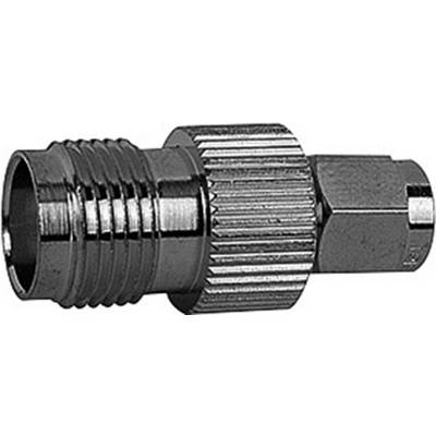 Metal coaxial adapter with a knurled central section and smooth connection, used for connecting coaxial cables.