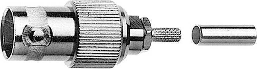 A coaxial plug with removable parts, shown in an exploded view. Suitable for connecting cable components.