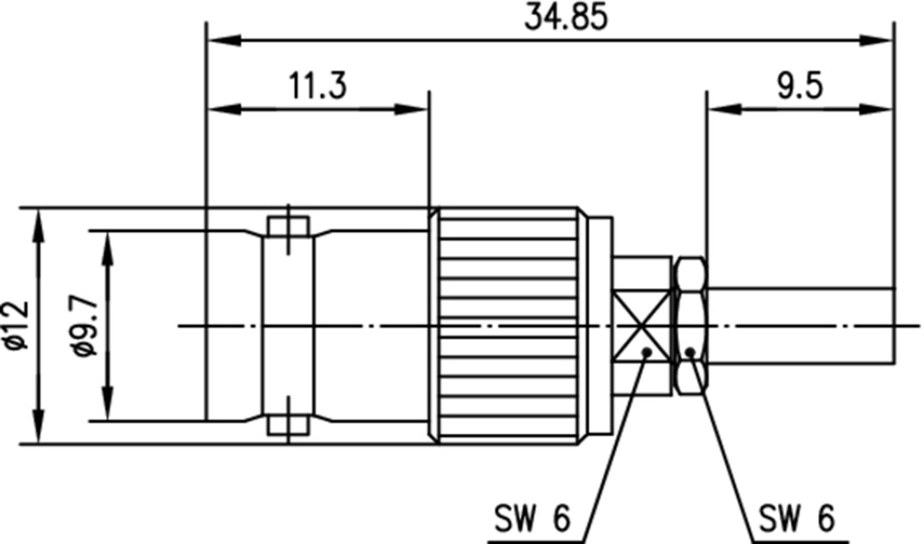 Technical drawing of a connector with length and diameter measurements; '34.85', '11.3', '9.5', diameter '9' and '12', and 'SW 6'.