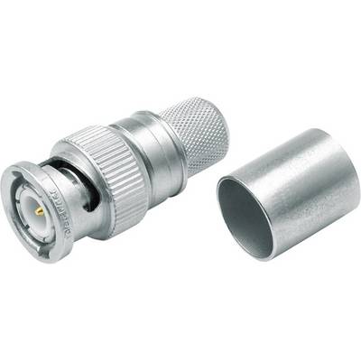 Metallic connector, disassembled into two parts: a corrugated plug with threading and a cylindrical connector attachment.