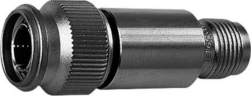 Metal screw connector with knurled grip and thread; used in mechanical or electrical connections.