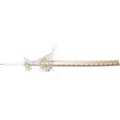 View of a stripped coaxial cable revealing different layers such as wire and braiding.