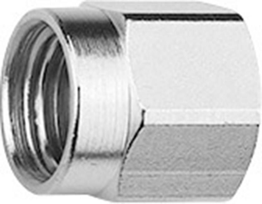 A silver hexagonal metal nut, typically used for connections in pipes or mechanical structures.