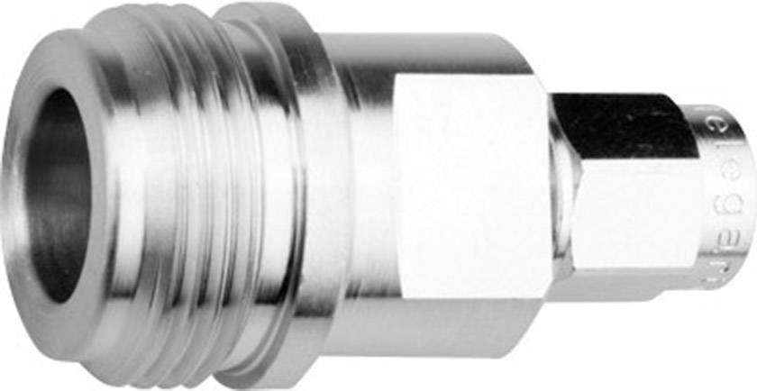 Metallic threaded adapter, designed for connecting hoses or pipes in a technical or industrial setting.