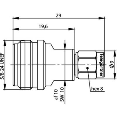 Technical drawing of a plug with dimensions: Length 29 mm, Width 19.6 mm, Thread 5/8-24 UNEF, Hexagon 8 mm.