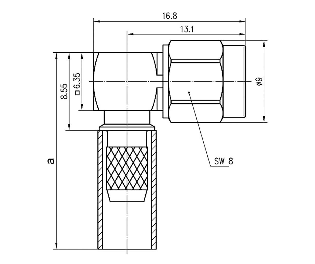 Technical drawing of an angle connector. Dimensions: Length 16.8 mm, Width 9 mm, Spanner size SW 8. Details and thread view are included.