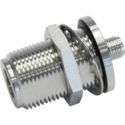 Metallic coaxial connector with thread, nut and washer. Used for connecting electronic devices.
