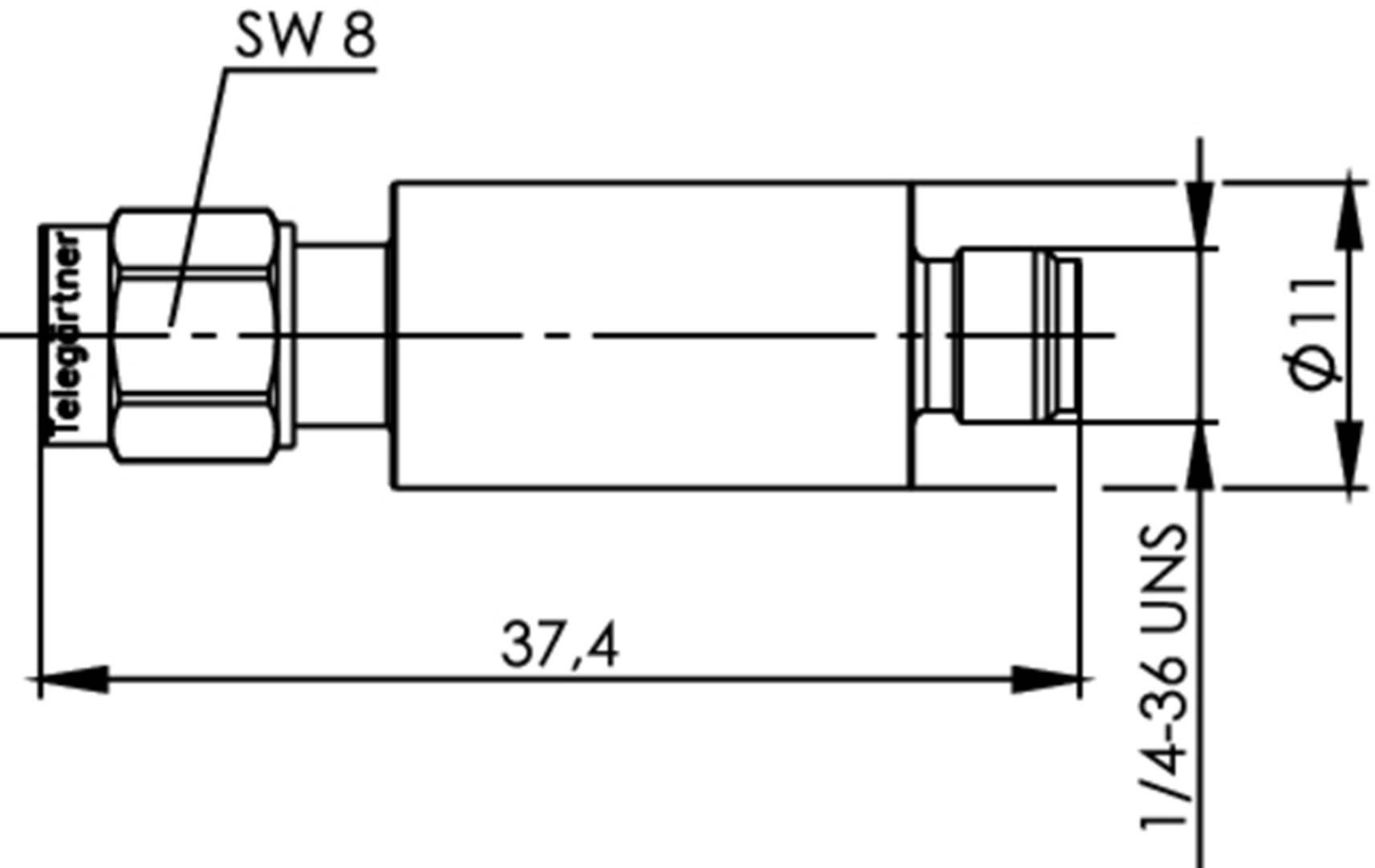 Technical drawing of a cylindrical connecting piece with dimensions: length 37.4 mm, diameter 11 mm, thread 1/4-36 UNS.