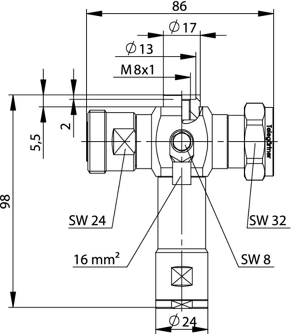 Technical drawing of a T-piece with dimensions: height 98 mm, width 86 mm. Connecting elements with threads and measurements in mm.