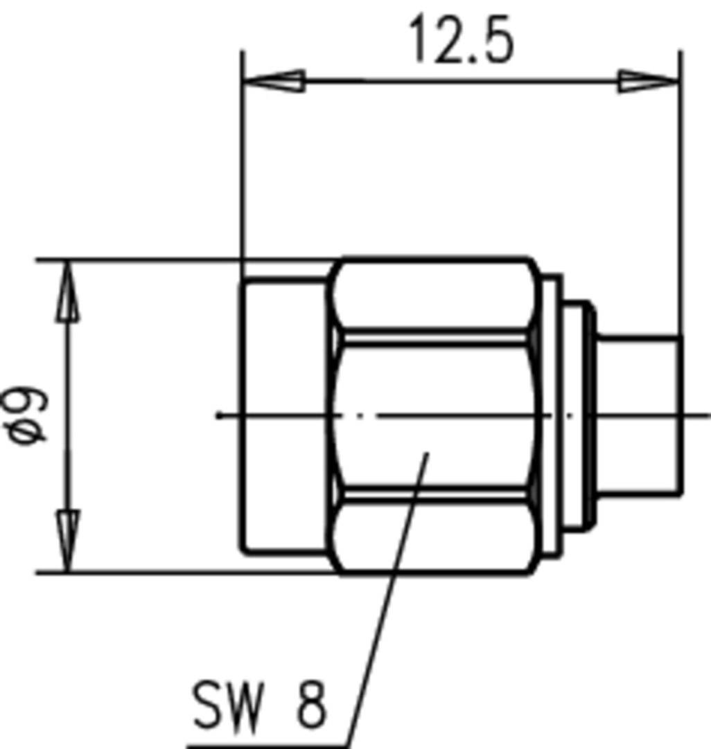 Technical drawing of a cylindrical object with dimensions: length 12.5 mm, diameter 9 mm, across-flats (hex size) 8 mm.
