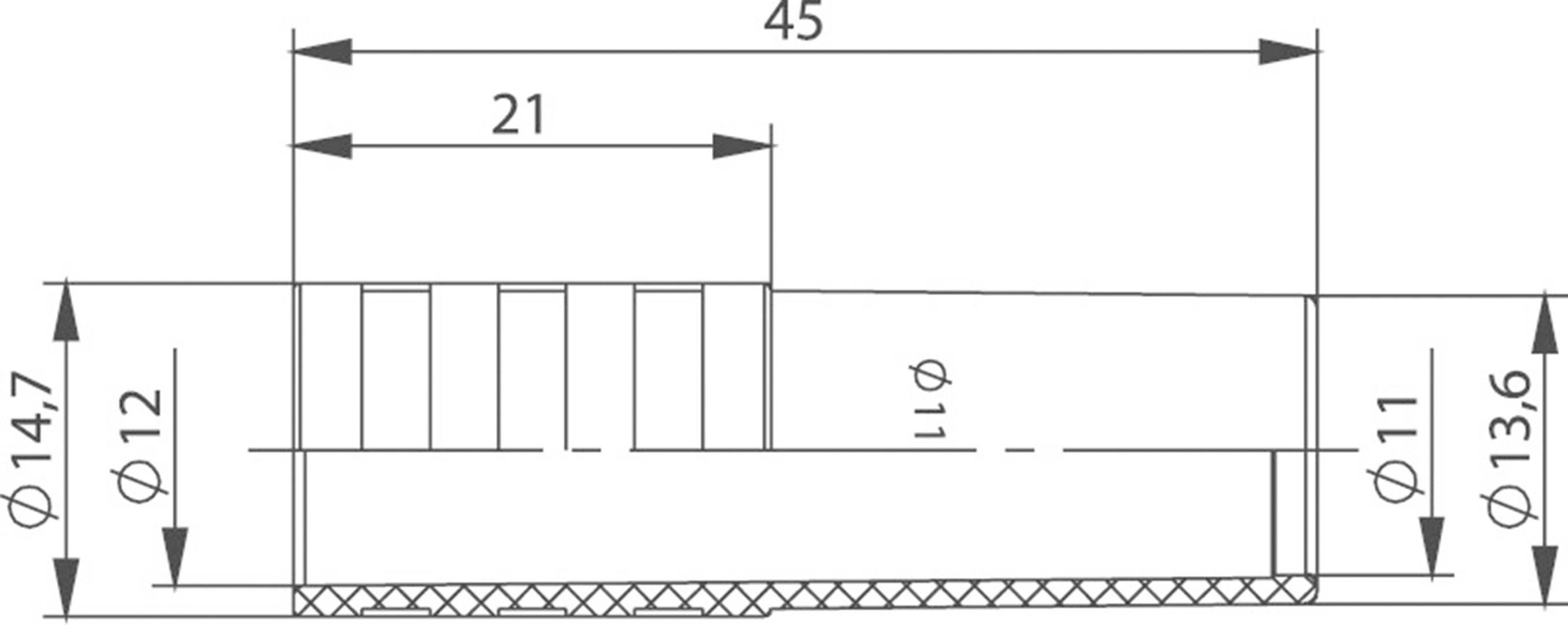 Technical drawing of a cylindrical component. Dimensions: Total length 45 mm, diameter 12 mm, 11 mm internal diameter, 14.7 mm height.