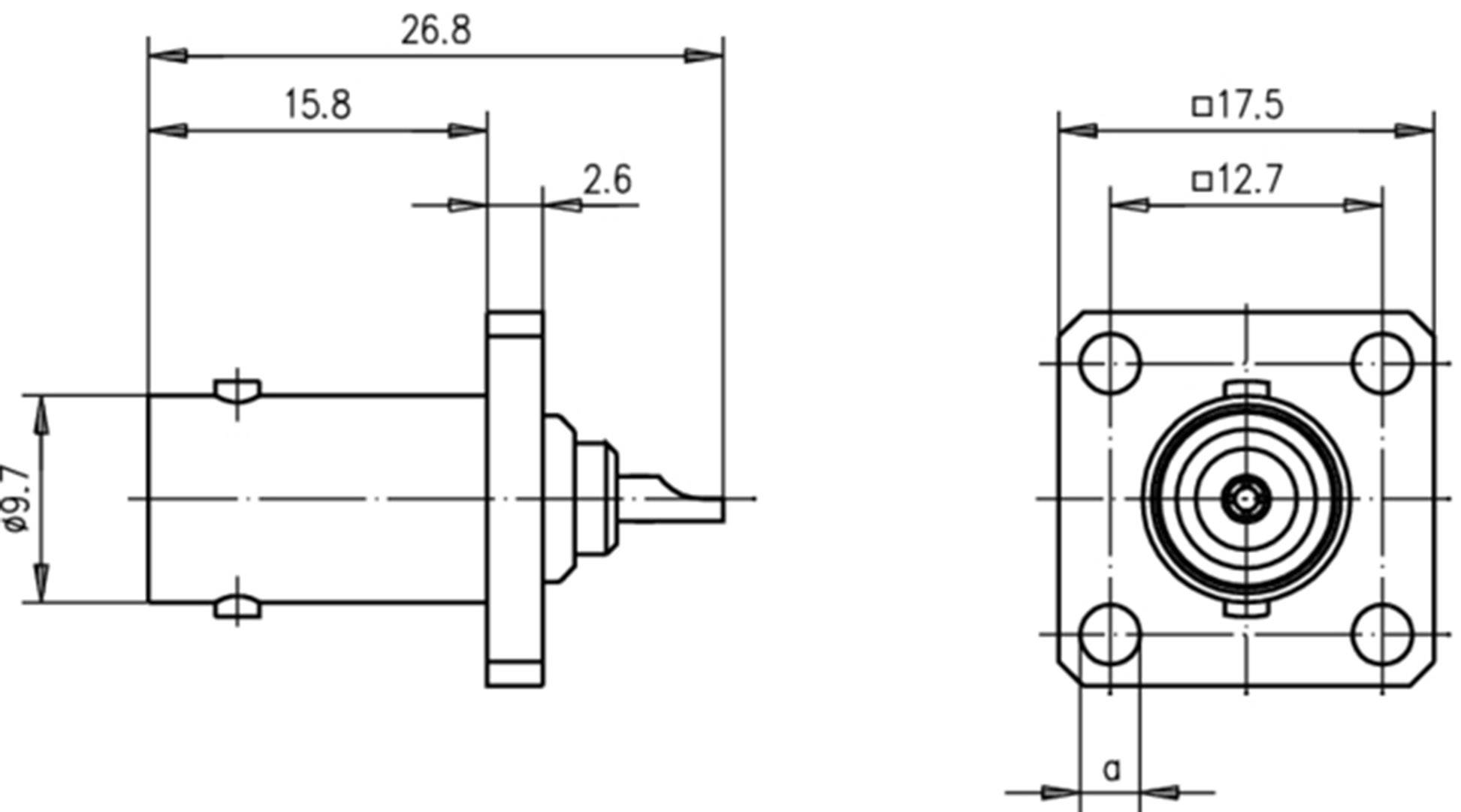 Technical drawing of a plug with dimensions. Left view shows side view, right view shows front view with screw holes.